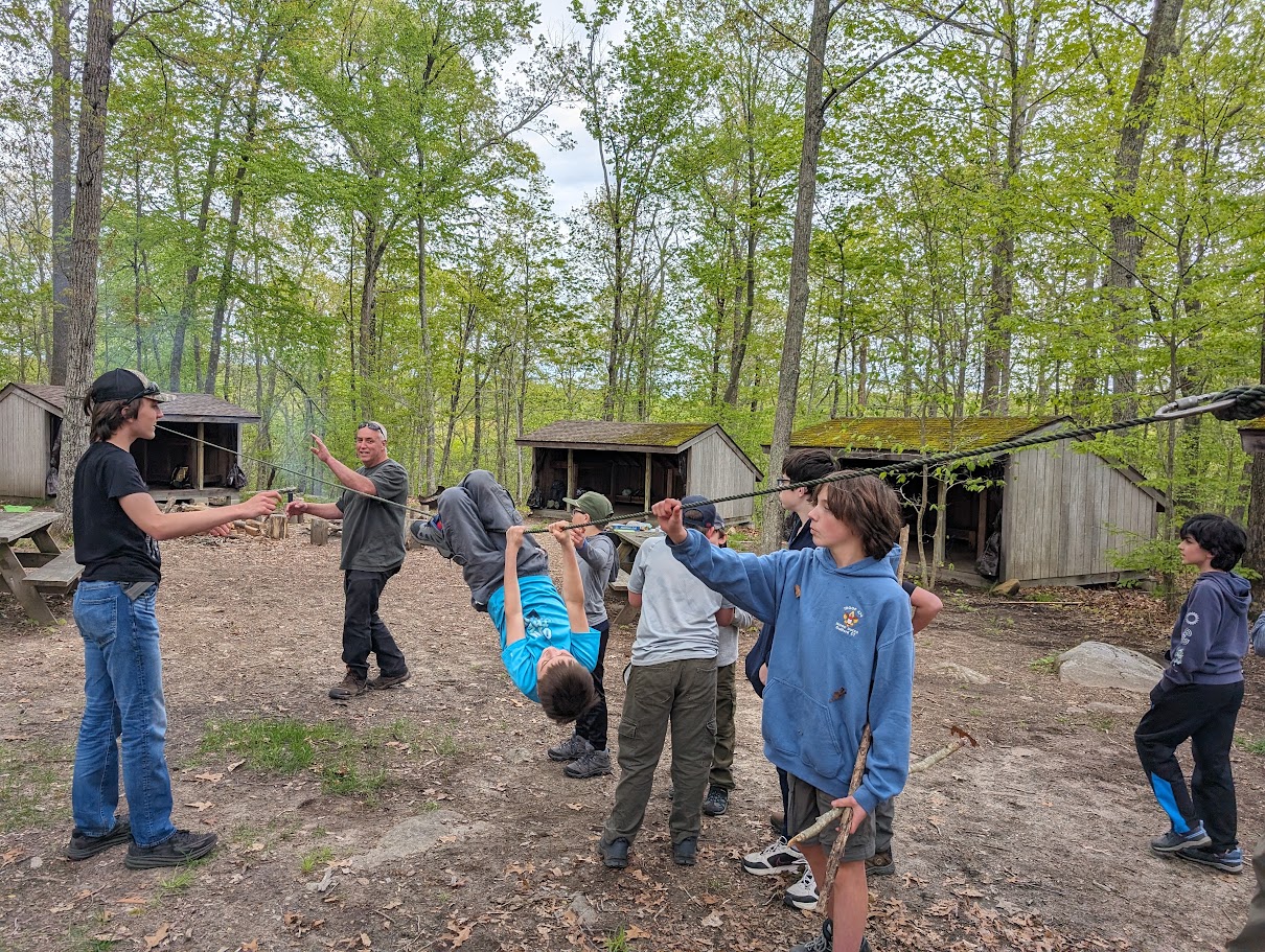 Scouts practicing rope work at Deer Lake.